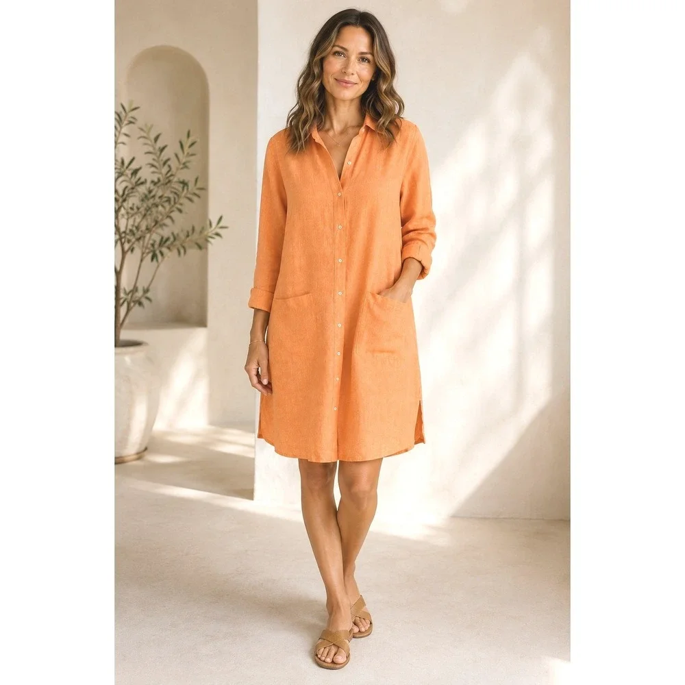 Jones New York Jones & Co 100% Linen Tunic Shirt Dress Orange Apricot Medium - Picture 1 of 14